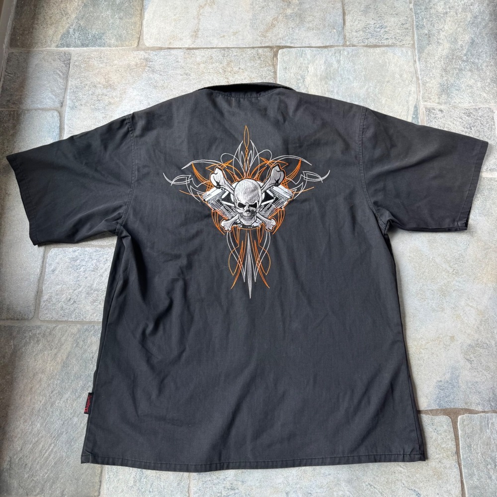 Dragonfly Roadhouse Skull Piston Embroidered Work Shirt‎ Men's M Black